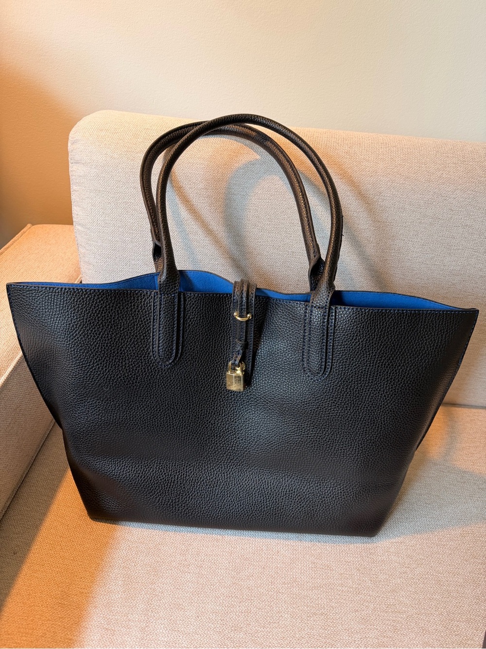 Black Leather Tote with Blue Interior and Gold Lock Accent - Women’s Tote